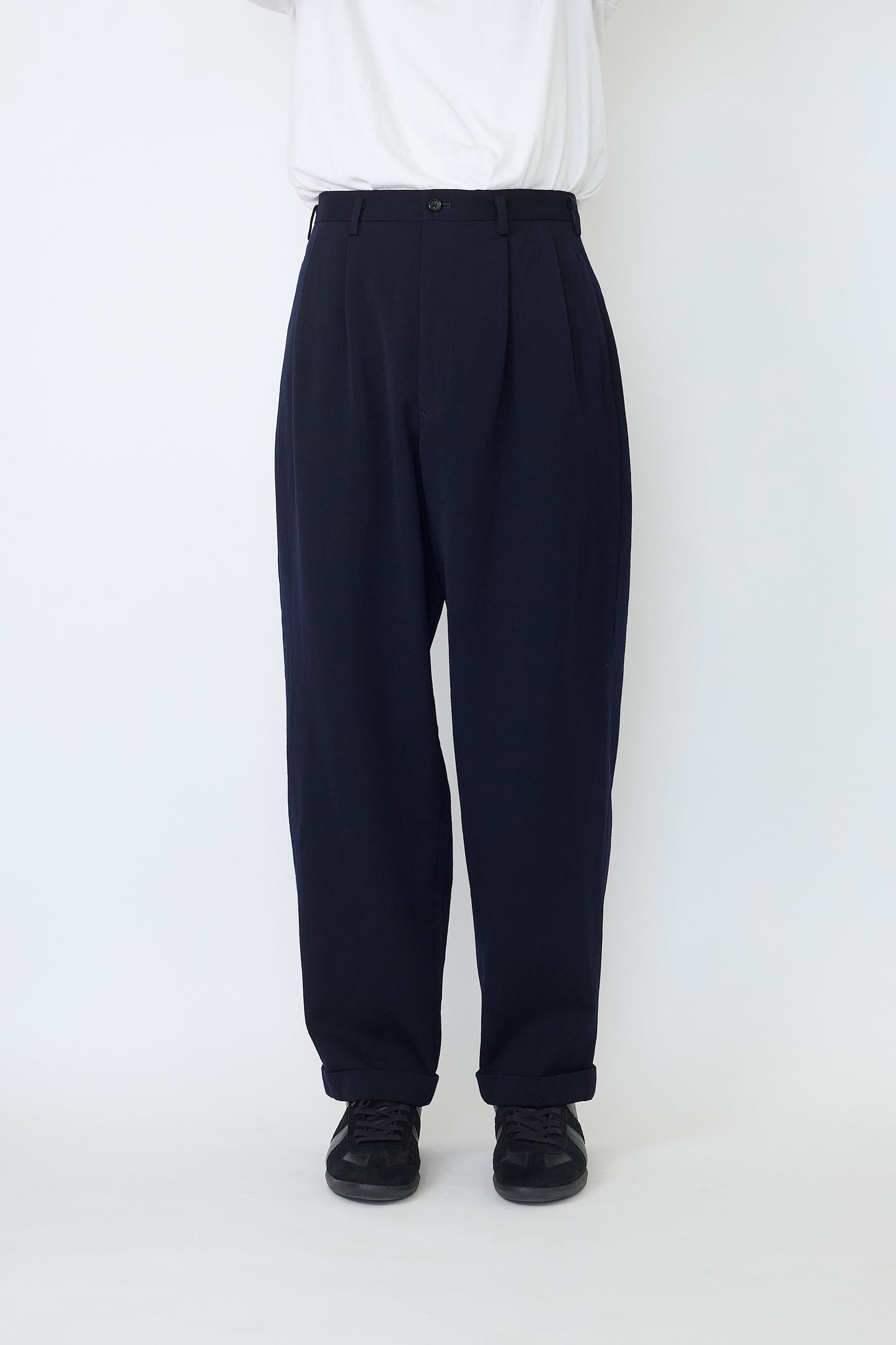Y'S FOR MEN NAVY WOOL GABARDINE WIDE PANTS