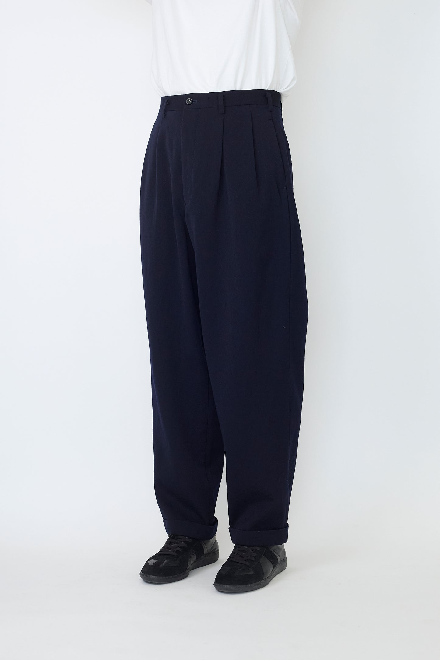 Y'S FOR MEN NAVY WOOL GABARDINE WIDE PANTS