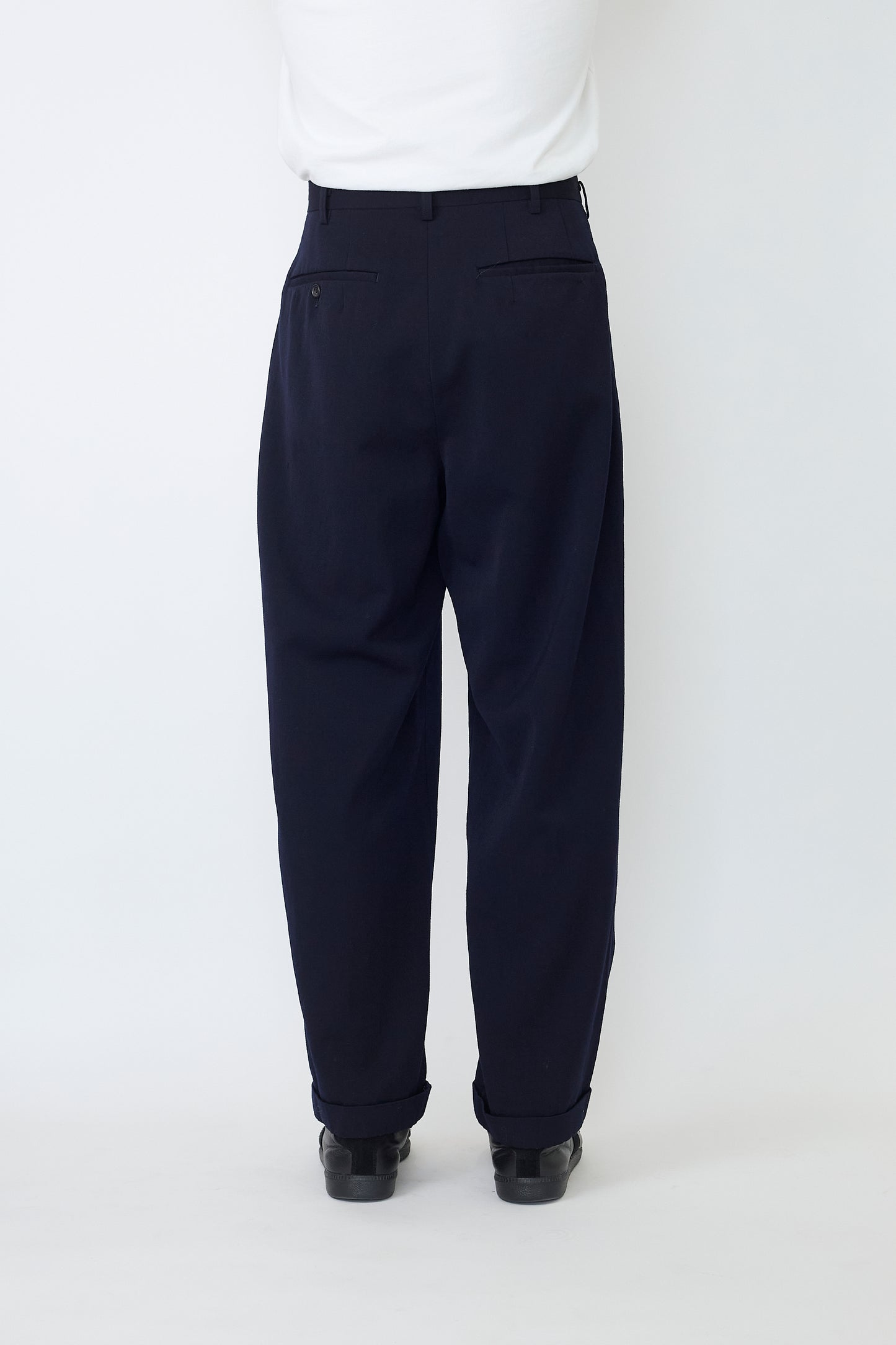 Y'S FOR MEN NAVY WOOL GABARDINE WIDE PANTS