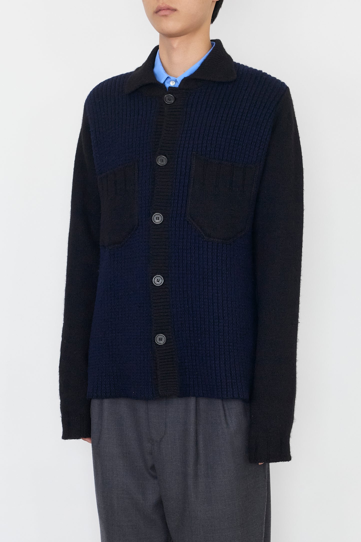 DRIES VAN NOTEN BLACK NAVY WOOL KNIT JACKET MADE IN UK