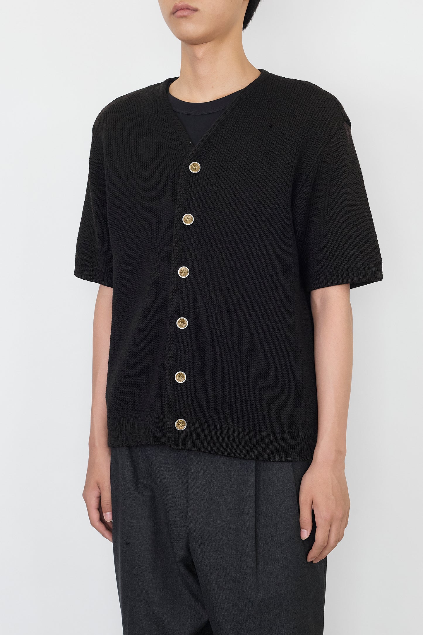 VINTAGE BLACK BROWN WOOL HALF SLLEVE KNIT SHIRT
