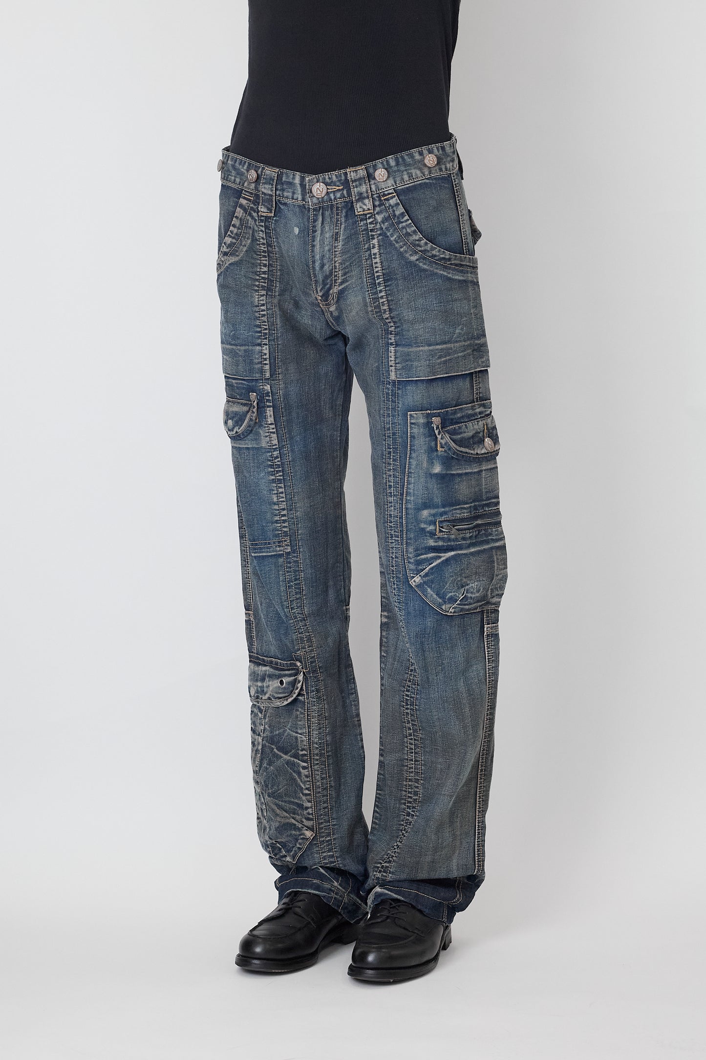 VINTAGE DESIGNED FADED BLUE DENIM CARGO PANTS