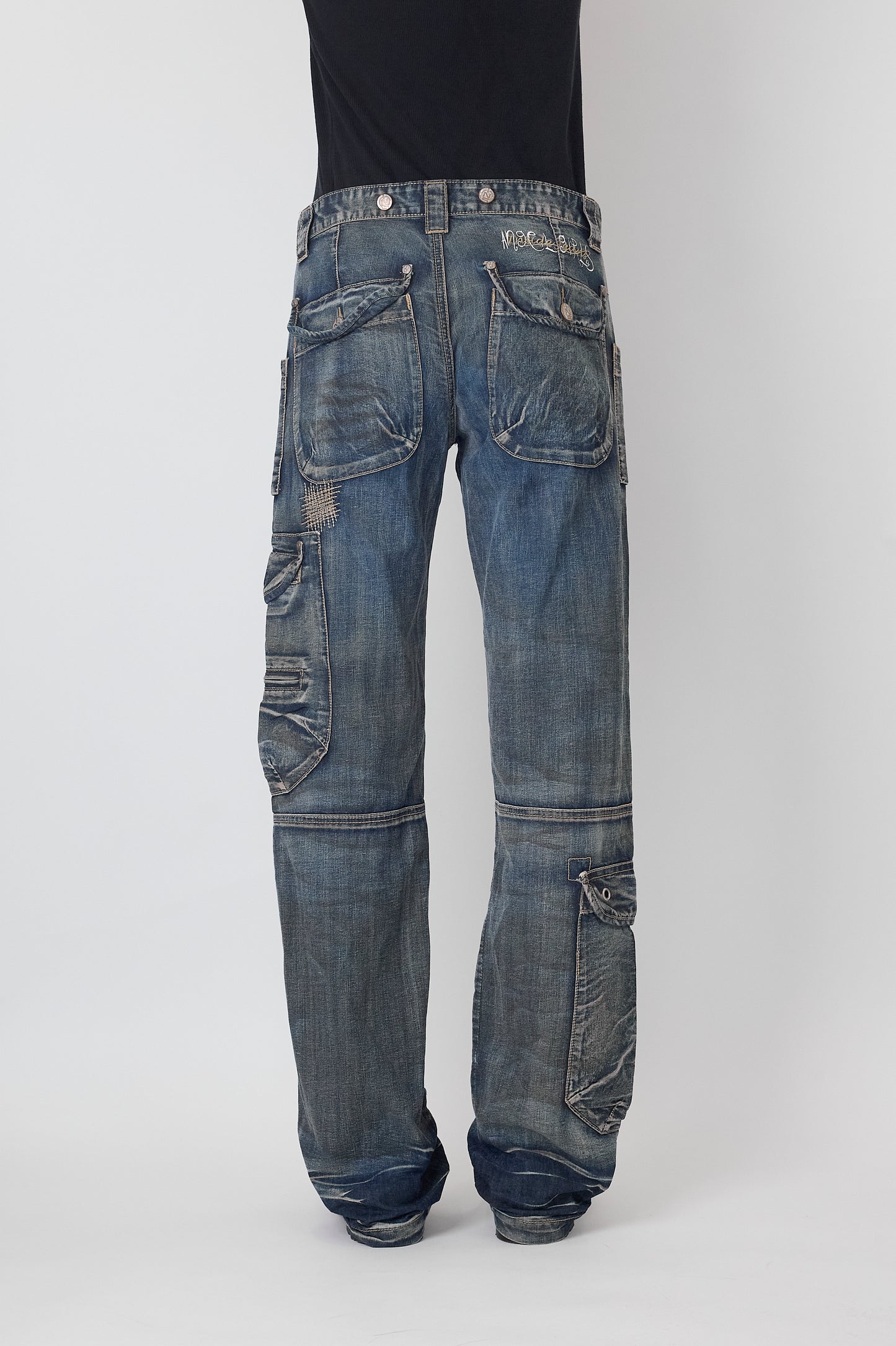 VINTAGE DESIGNED FADED BLUE DENIM CARGO PANTS