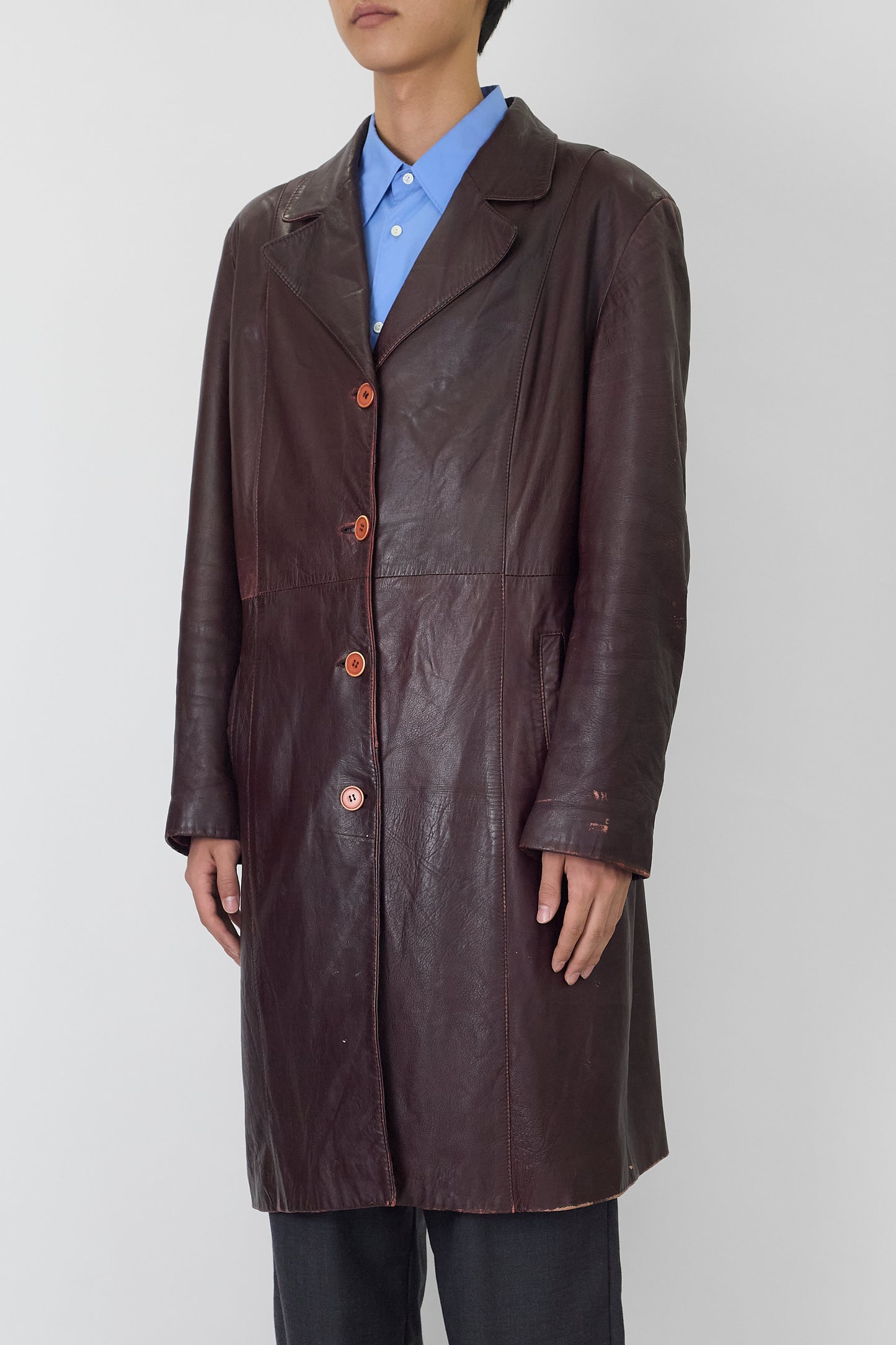 VINTAGE BURGUNDY LEATHER LONG COAT