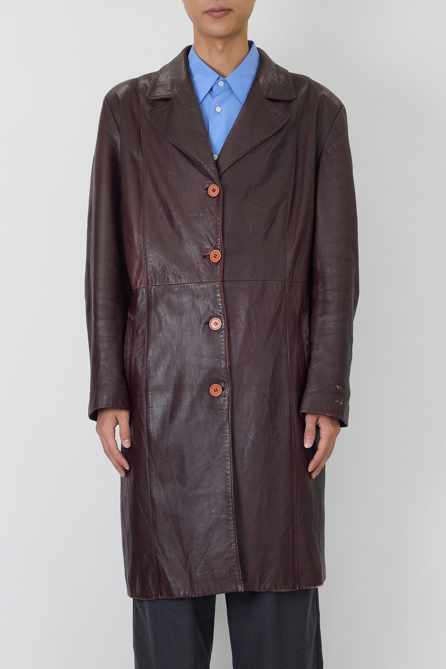 VINTAGE BURGUNDY LEATHER LONG COAT
