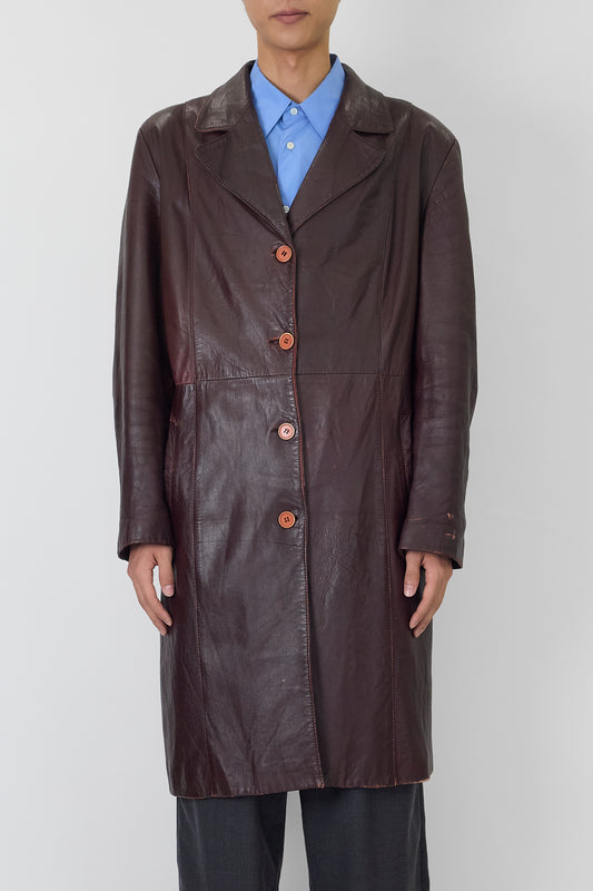 VINTAGE BURGUNDY LEATHER LONG COAT