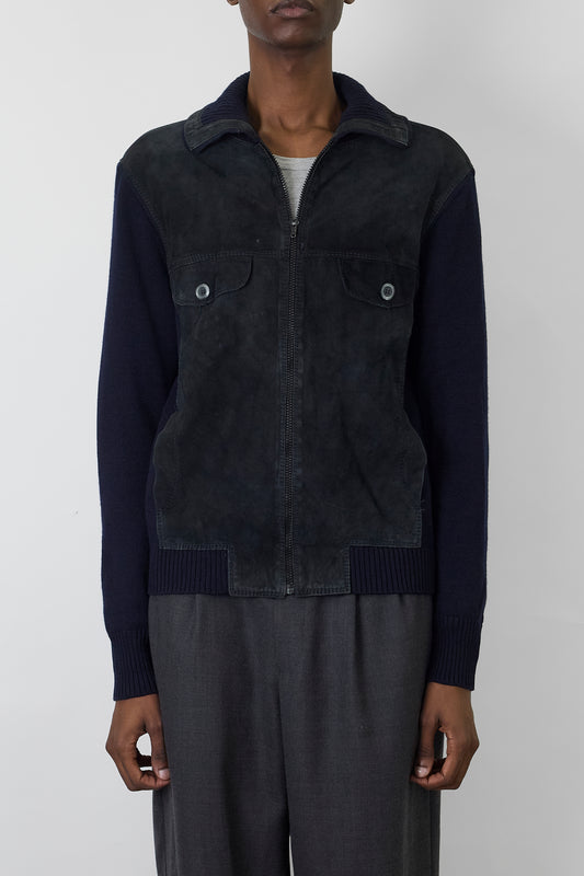 VINTAGE NAVY LEATHER WOOL ZIP UP KNIT MADE IN ITALY