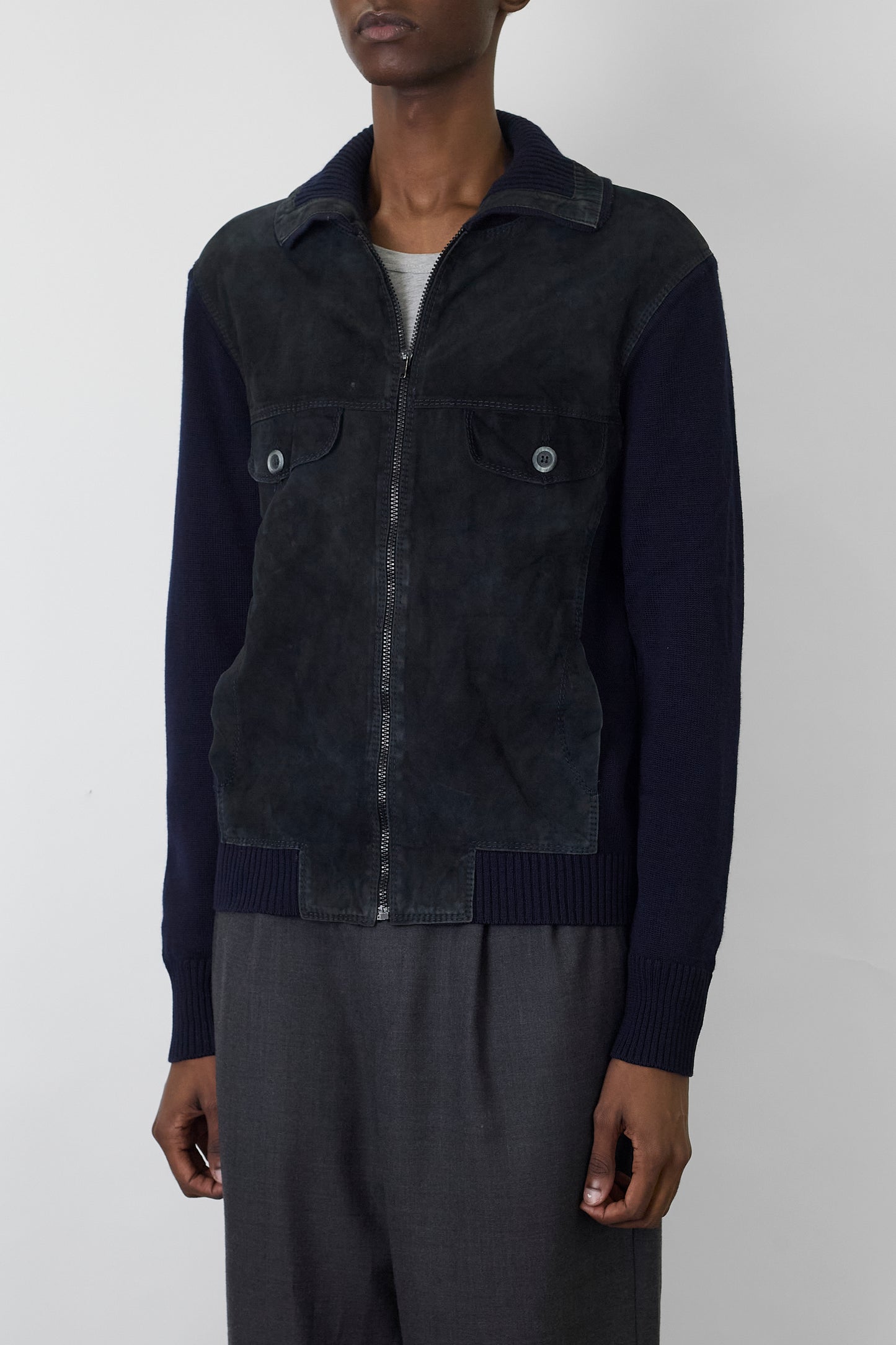 VINTAGE NAVY LEATHER WOOL ZIP UP KNIT MADE IN ITALY