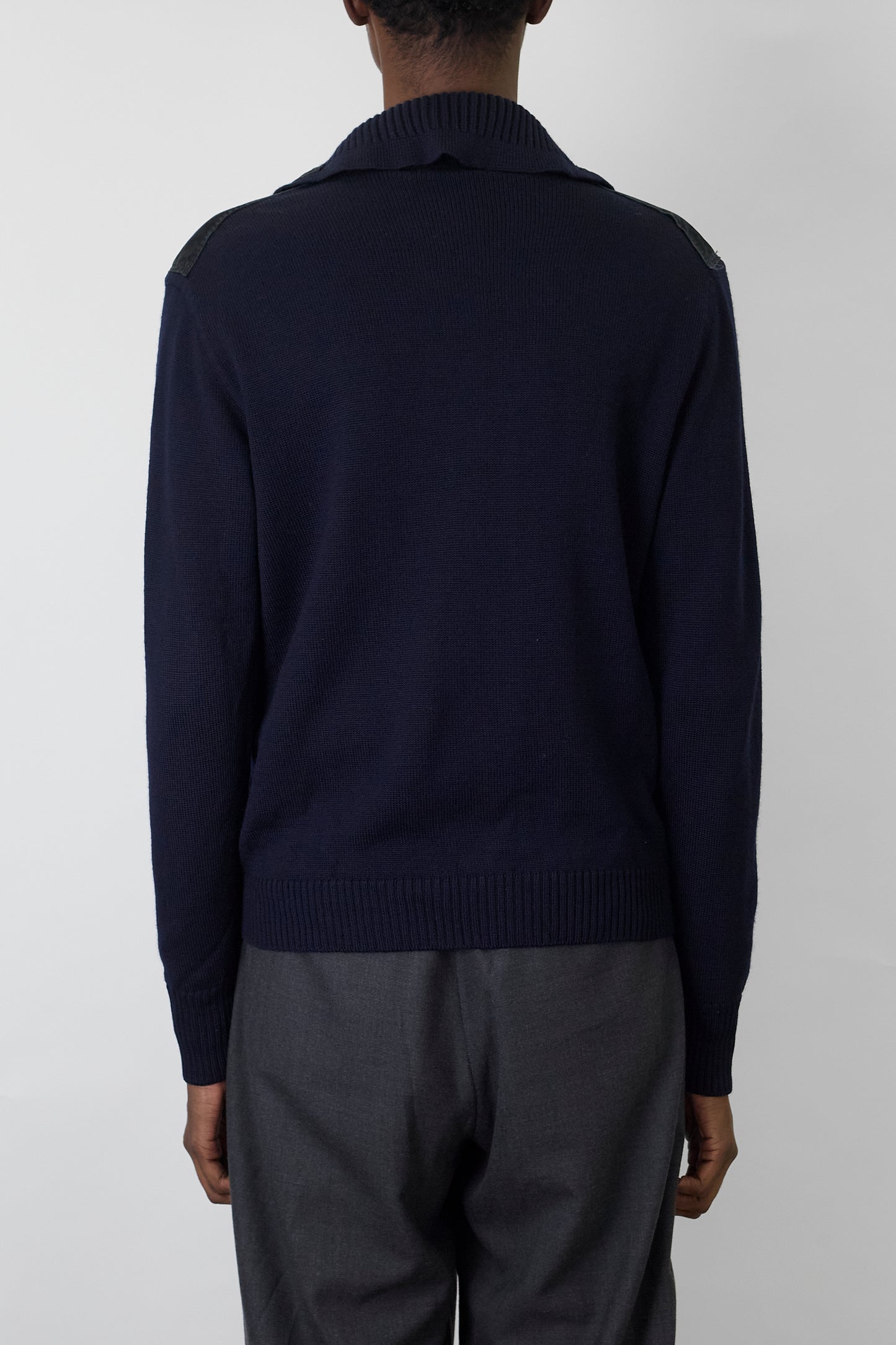 VINTAGE NAVY LEATHER WOOL ZIP UP KNIT MADE IN ITALY