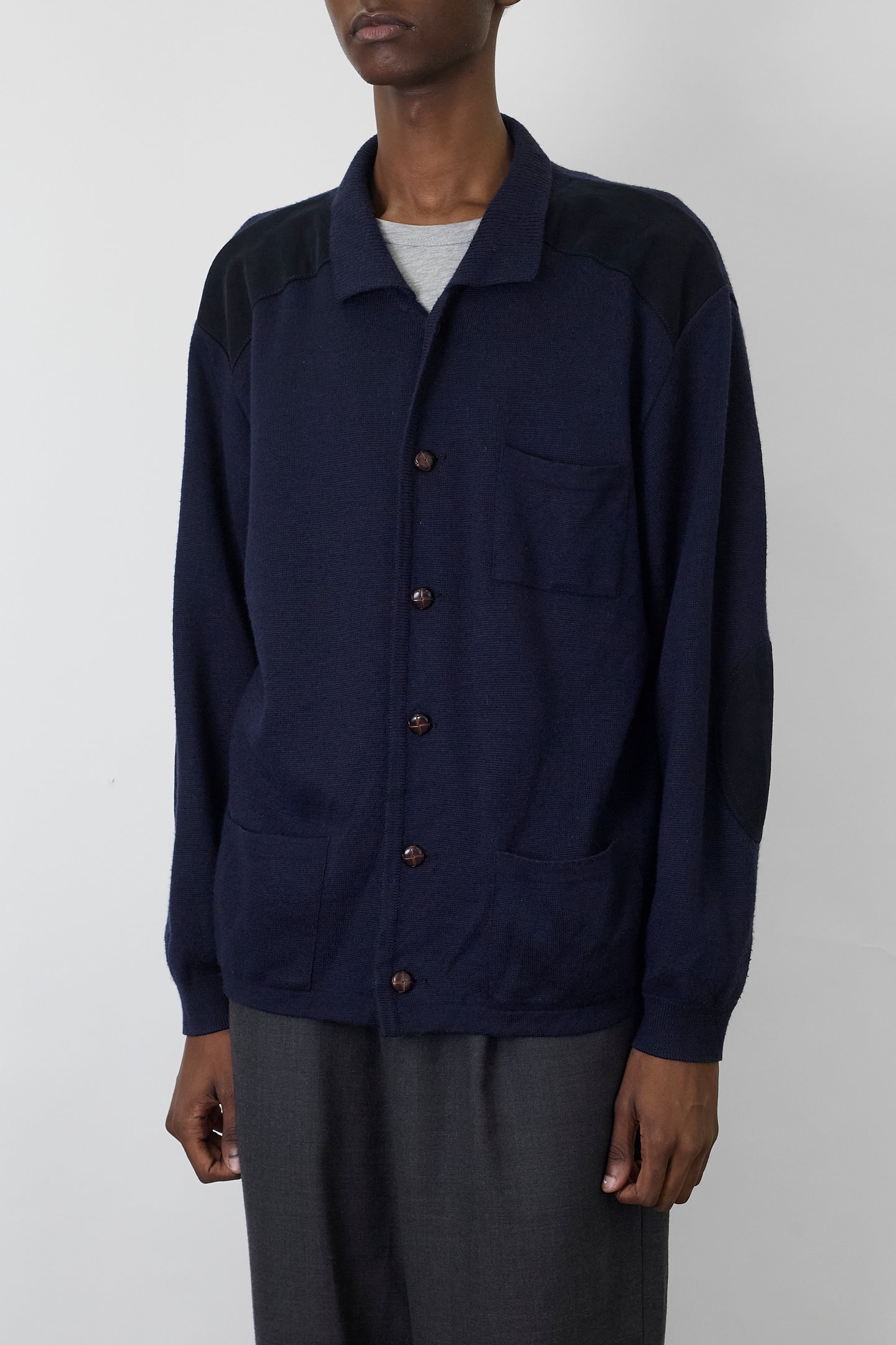 VINTAGE DESIGNED NAVY WOOL KNIT JACKET MADE IN SPAIN