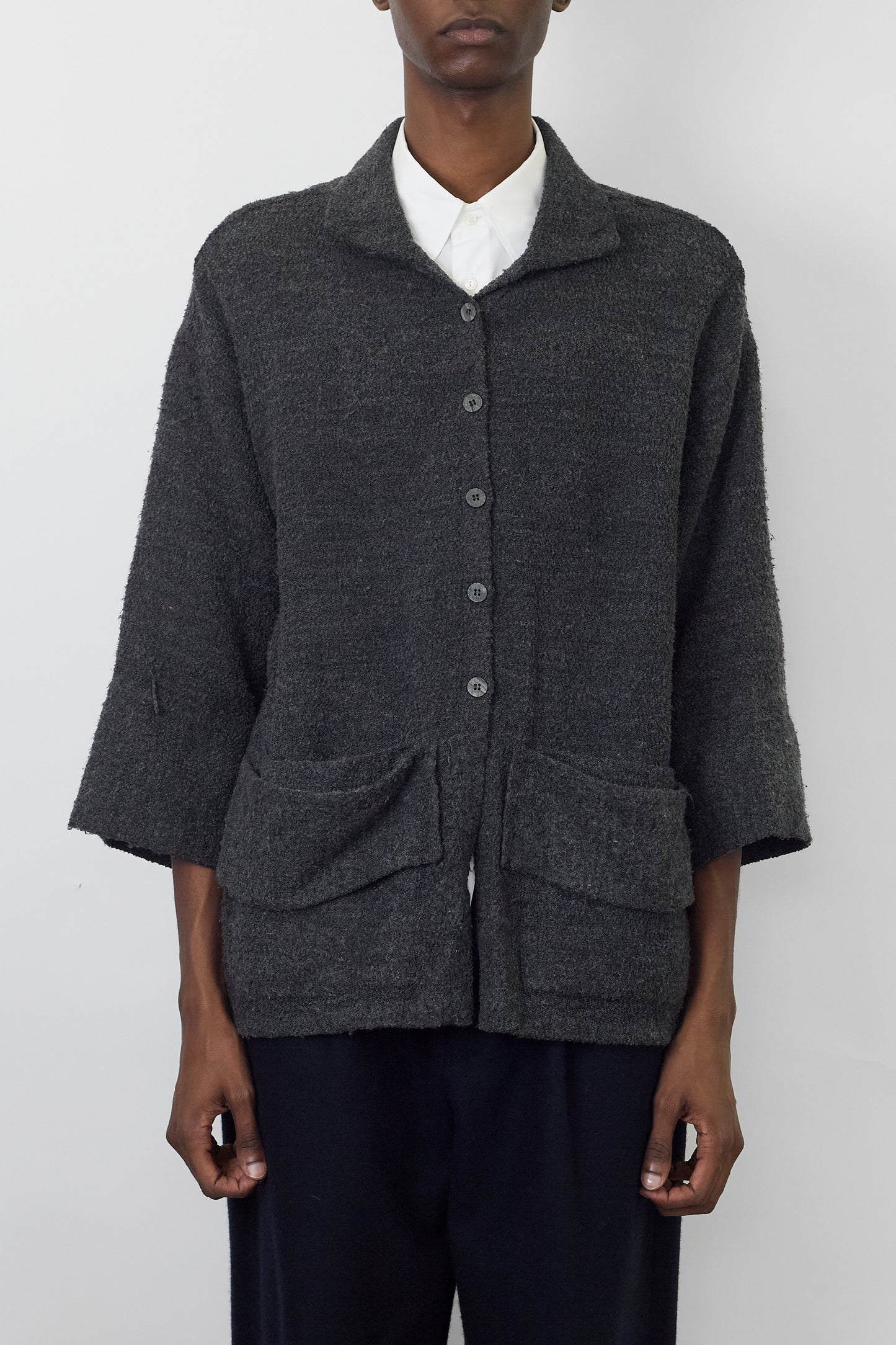 VINTAGE DESIGNED GRAY WOOL KNIT JACKET MADE IN FRANCE