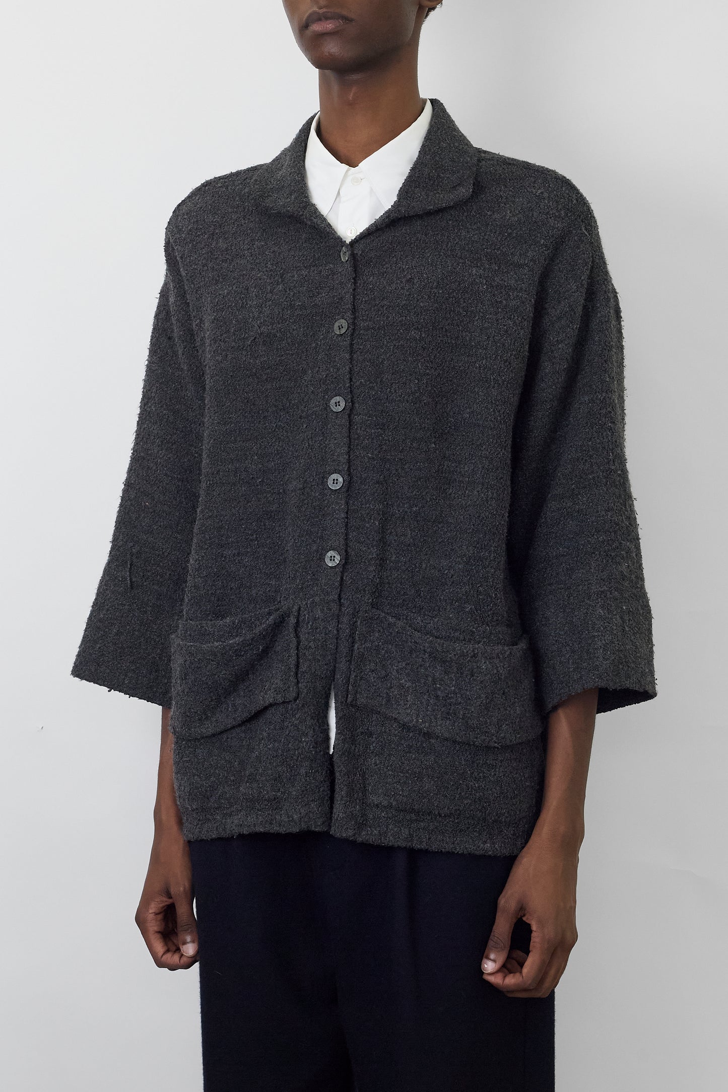 VINTAGE DESIGNED GRAY WOOL KNIT JACKET MADE IN FRANCE