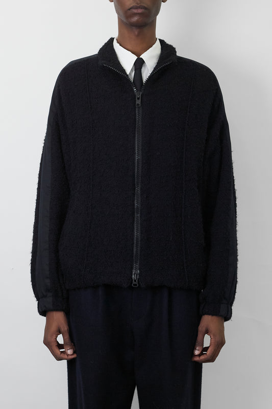 Y'S PINK DESIGNED BLACK WOOL ZIP UP SHORT JACKET