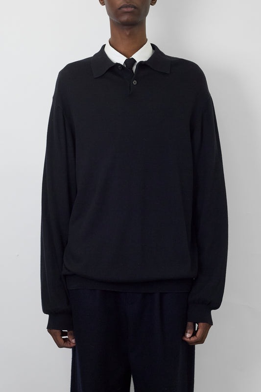 VALDA BLACK KNIT POLO SHIRT MADE IN ITALY