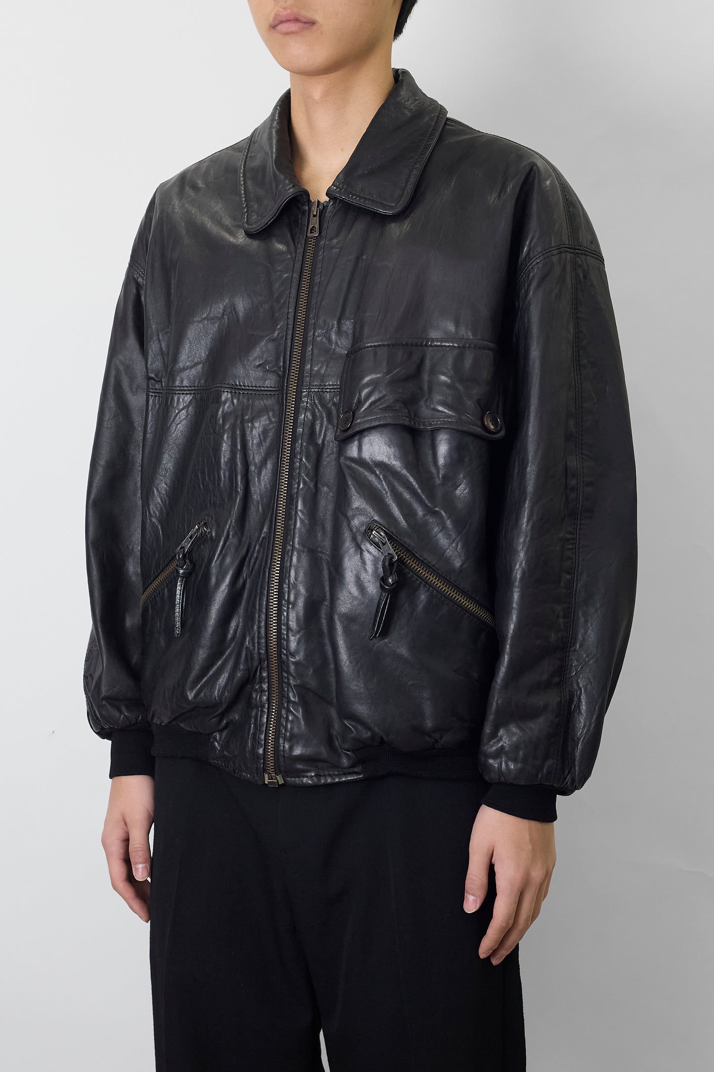 GIAN FRANCO FERRE BLACK LEATHER SHORT JACKET MADE IN ITALY