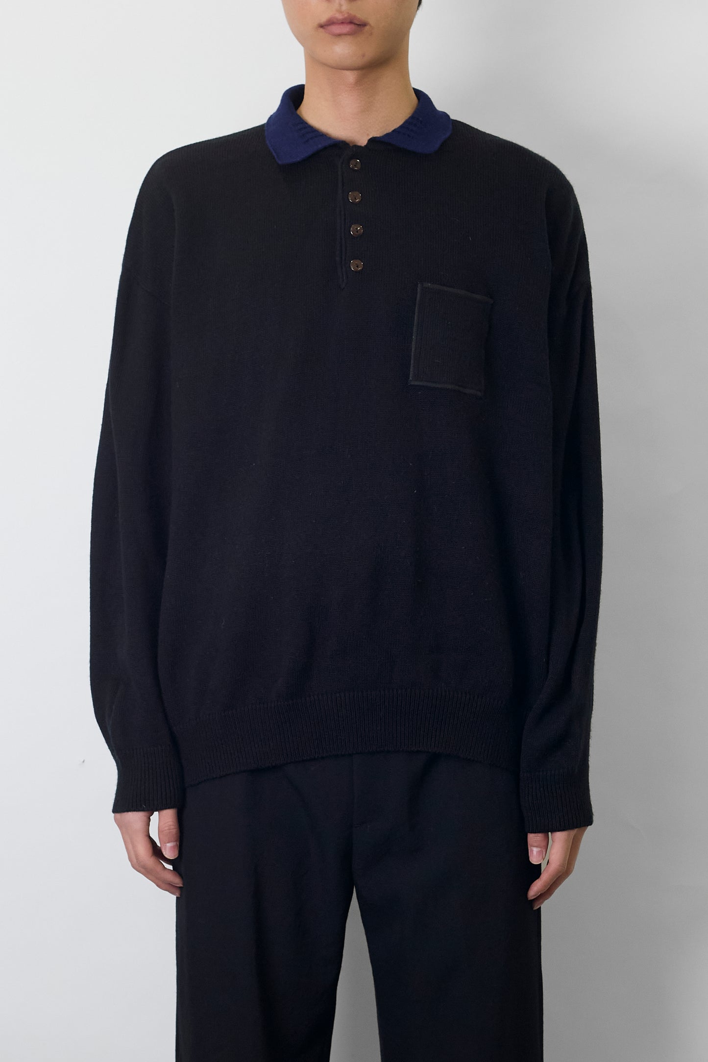 VINTAGE BLACK WOOL KNIT POLO SHIRT MADE IN SPAIN