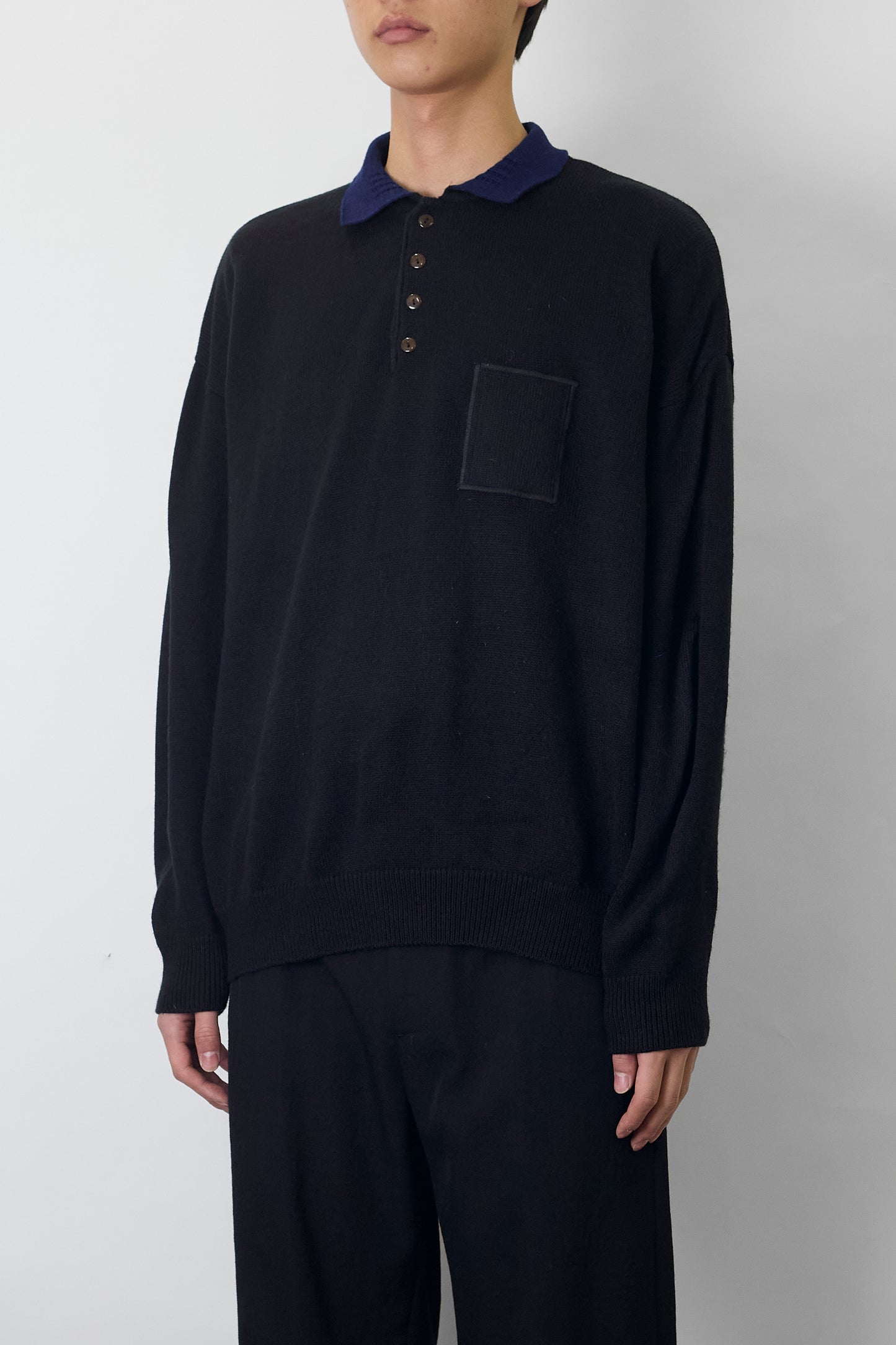 VINTAGE BLACK WOOL KNIT POLO SHIRT MADE IN SPAIN