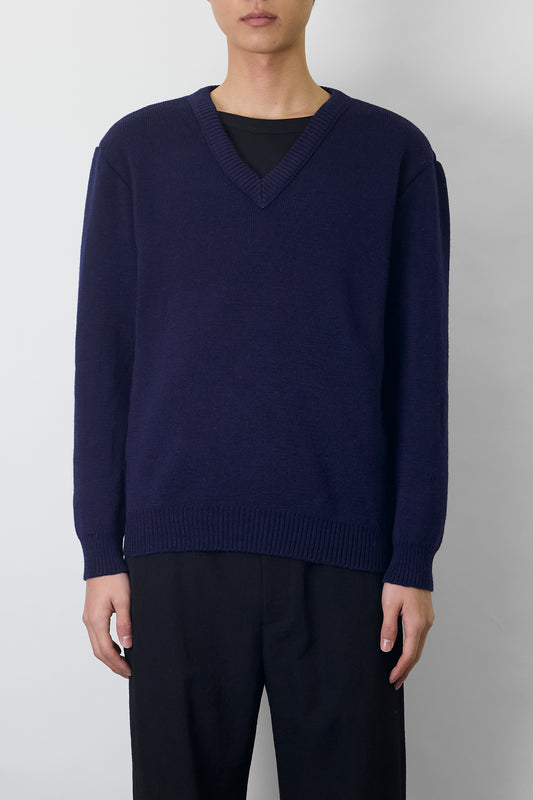 VINTAGE NAVY WOOL V NECK KNIT MADE IN FRANCE