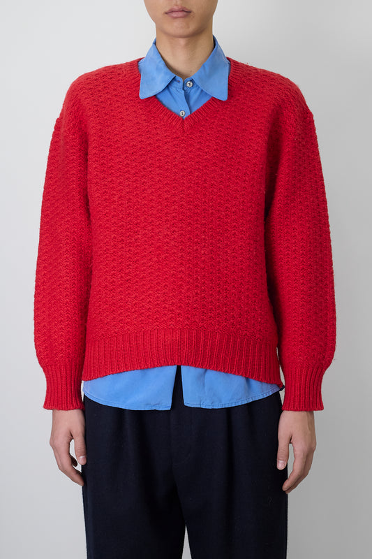 HOMME COMME DES GARCONS RED WOOL V NECK KNIT