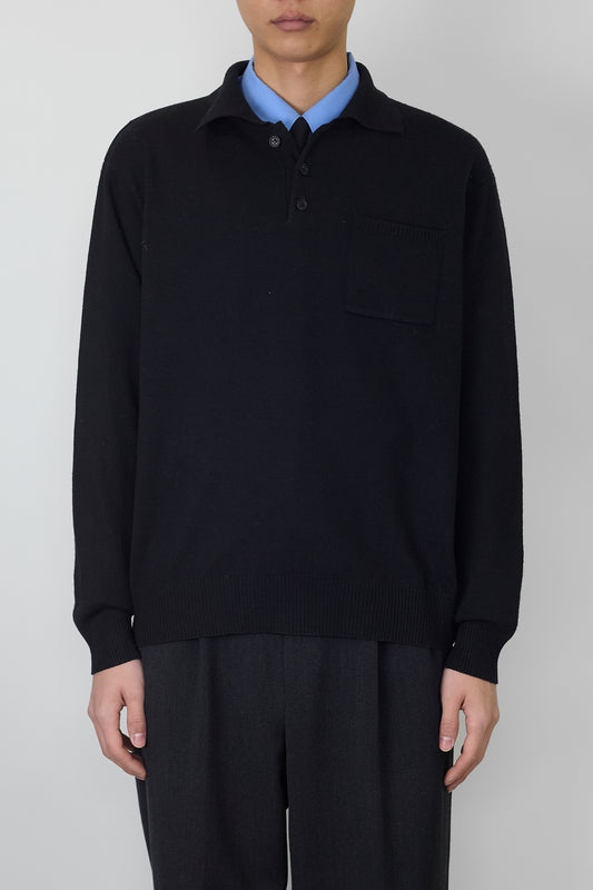 MISSON BLACK WOOL KNIT POLO SHIRT MADE IN SPAIN