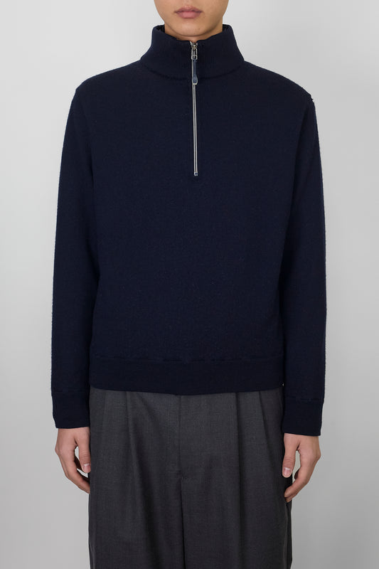 ZEGNA SPORTS NAVY WOOL HALF ZIP UP KNIT MADE IN ROMANIA