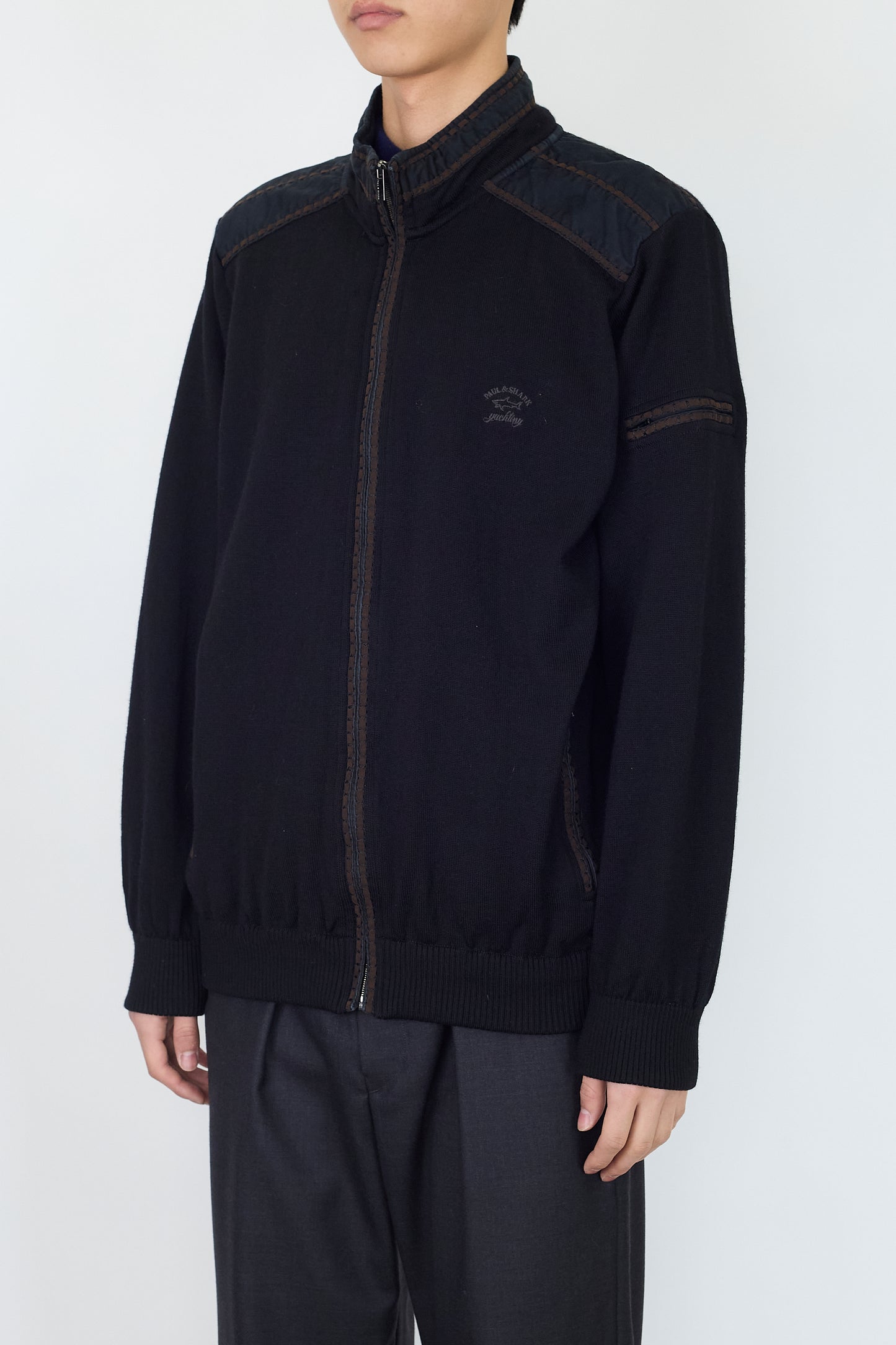 PAUL&SHIARK BLACK WOOL ZIP UP KNIT MADE IN ITALY