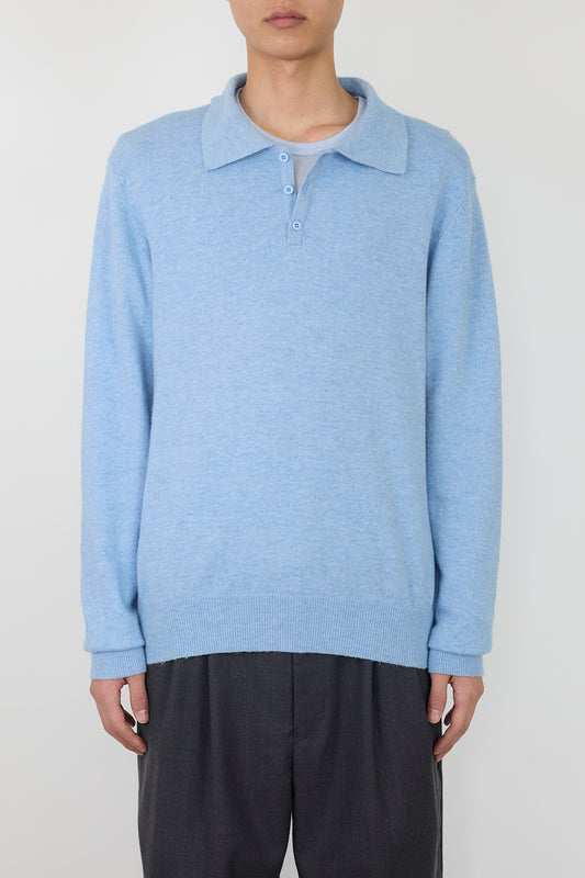 VINTAGE SKY BLUE WOOL CASHMERE KNIT POLO SHIRT MADE IN ITALY