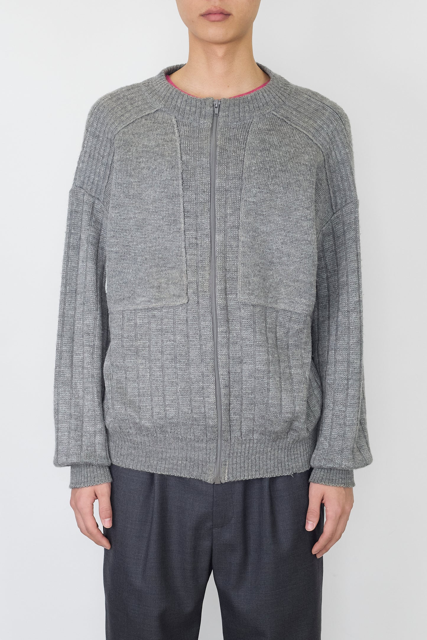 VINTAGE DESIGNED GRAY WOOL ZIP UP KNIT