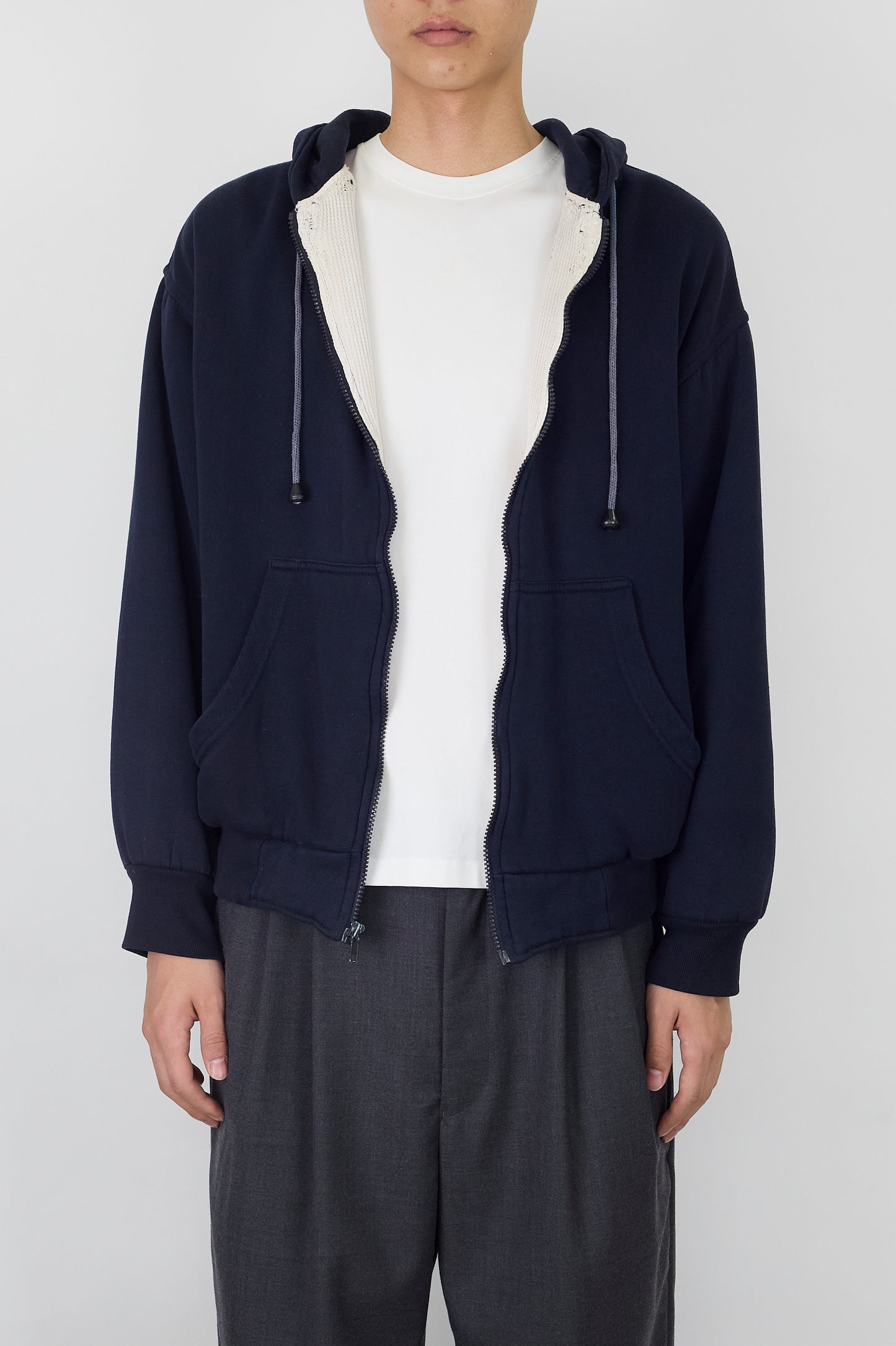 VINTAGE NAVY THERMAL SHORT ZIP UP HOODIE