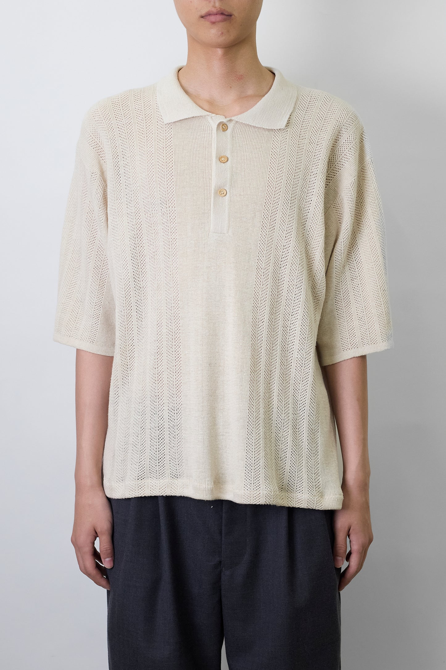 VINTAGE BEIGE LINEN HALF SLEEVE KNIT POLO SHIRT