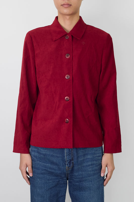 VINTAGE RED FAKED LEATHER SHORT SHIRT JACKET MADE IN USA