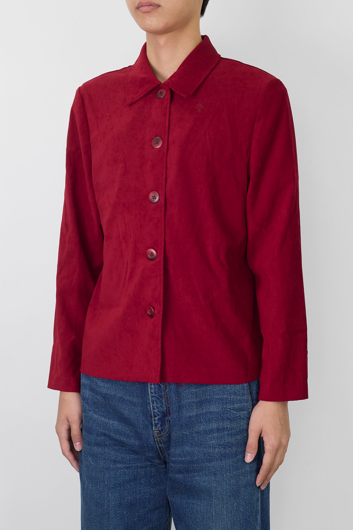 VINTAGE RED FAKED LEATHER SHORT SHIRT JACKET MADE IN USA