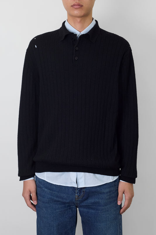 VINTAGE BLACK MERINO WOOL KNIT POLO SHIRT