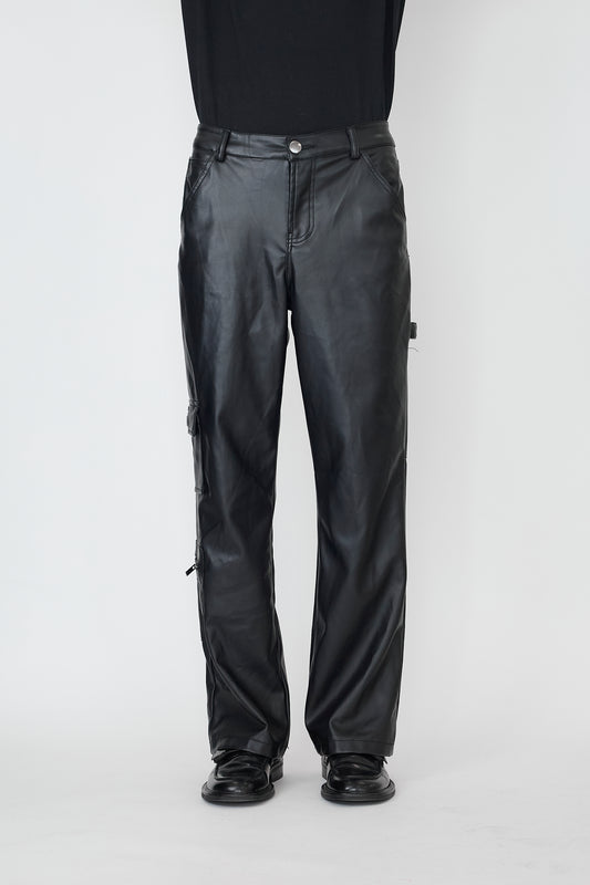 VINTAGE BLACK FAKED LEATHER CARGO WIDE PANTS