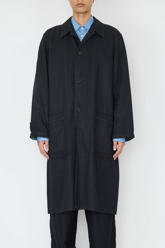 VINTAGE FADED BLACK COTTON LONG COAT MADE IN ITALY