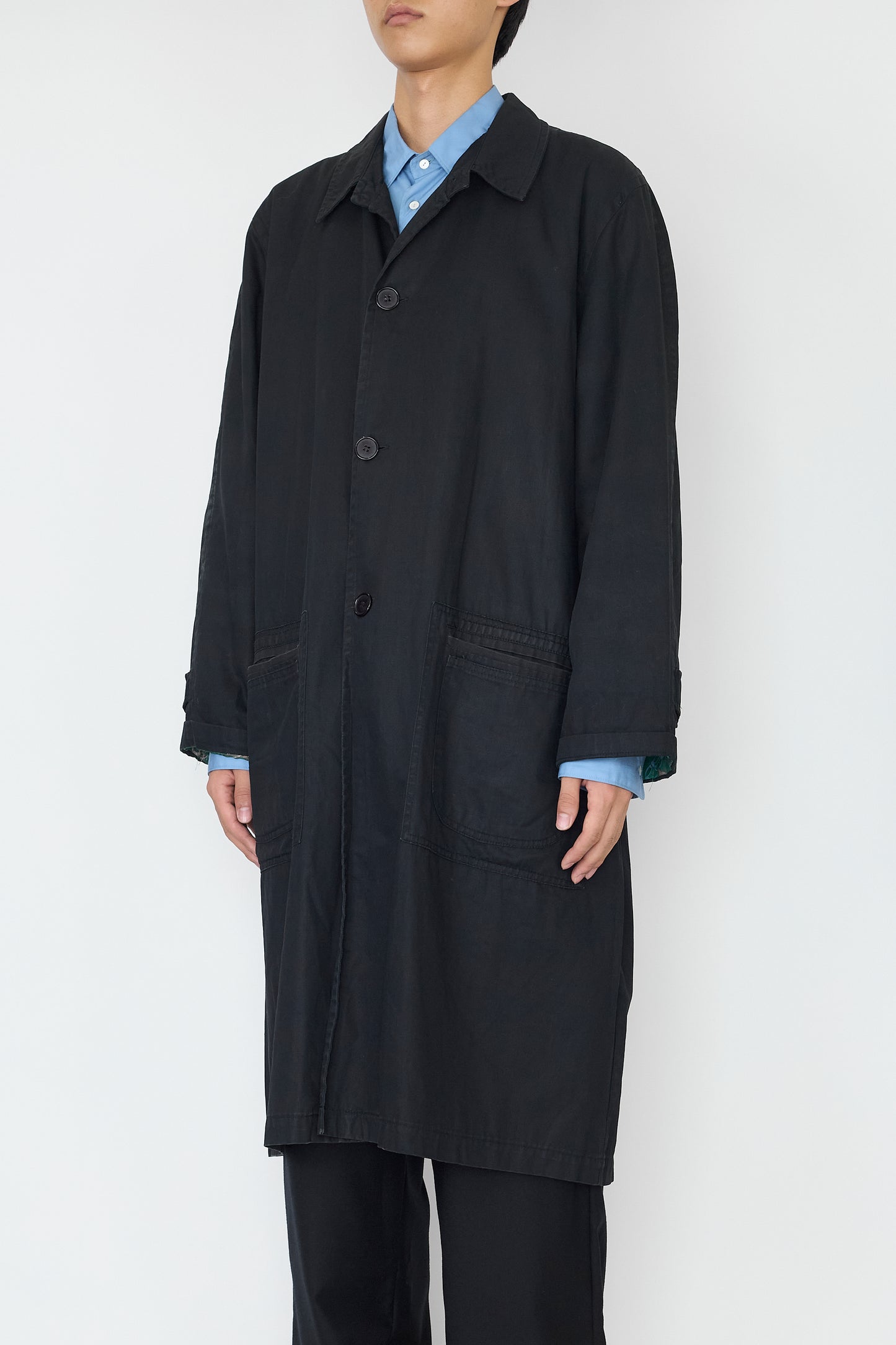 VINTAGE FADED BLACK COTTON LONG COAT MADE IN ITALY