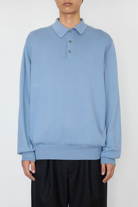 VINTAGE SKY BLUE COTTON KNIT POLO SHIRT MADE IN ITALY