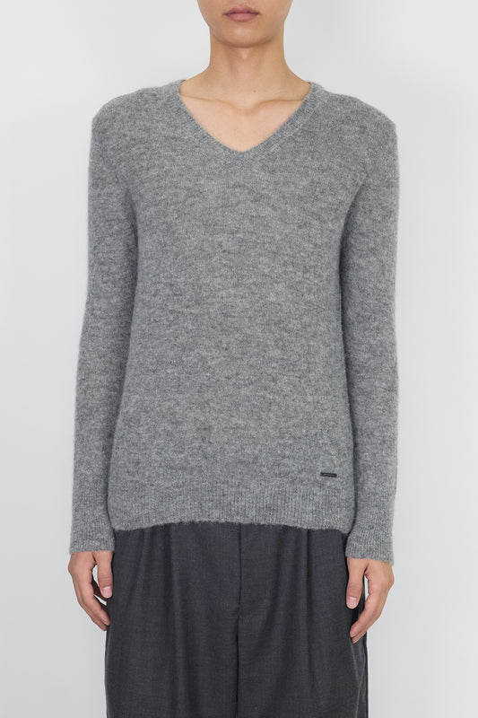 BURBERRY GRAY WOOL ALPACA V NECK KNIT