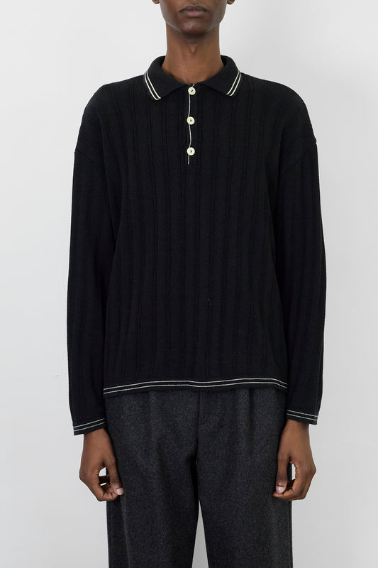 VINTAGE BLACK KNIT POLO SHIRT MADE IN ITALY