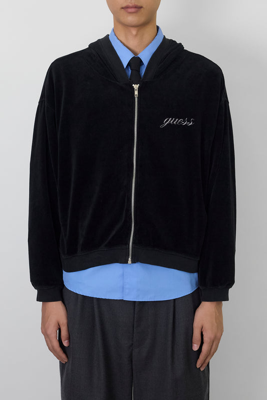 GUESS CROPPED BLACK COTTON ZIP UP HOODIE