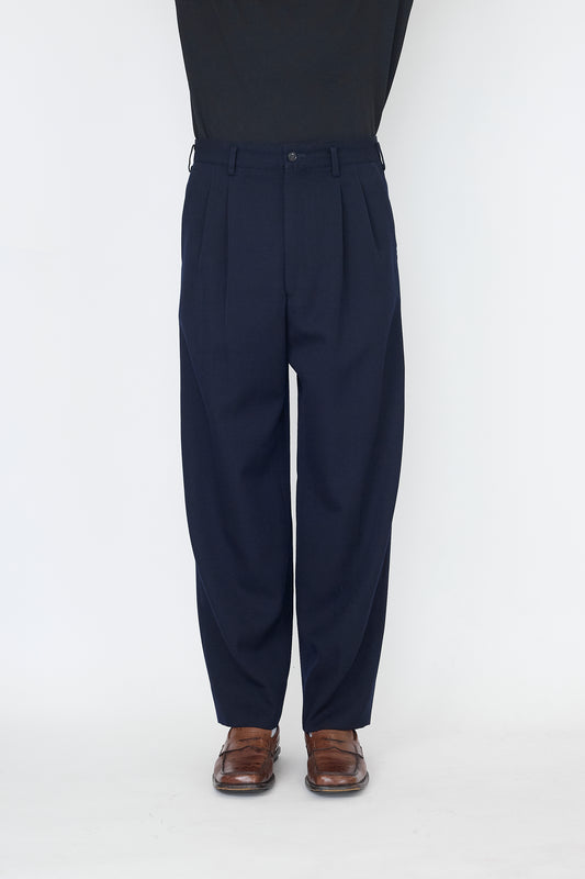 Y'S FOR MEN NAVY WOOL GABARDINE WIDE PANTS