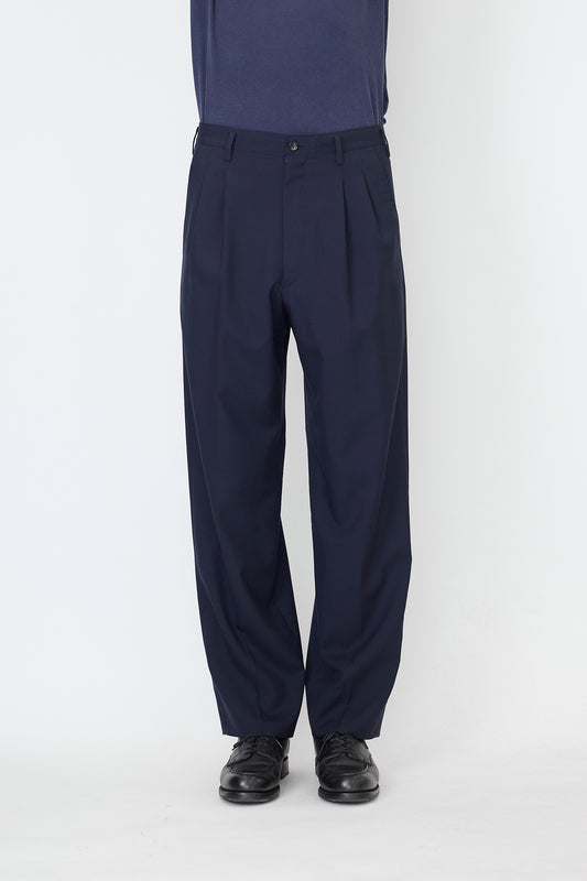 Y'S FOR MEN NAVY WOOL GABARDINE WIDE PANTS
