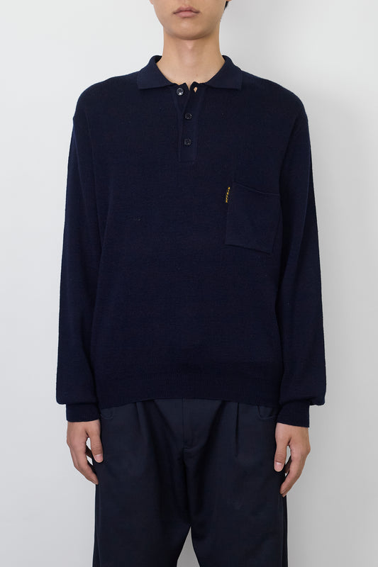 VINTAGE NAVY WOOL KNIT POLO SHIRT MADE IN ITALY