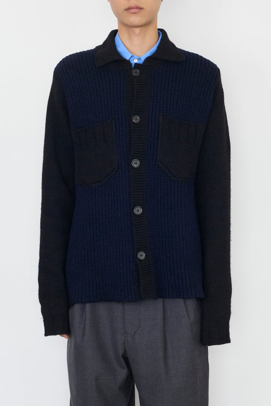 DRIES VAN NOTEN BLACK NAVY WOOL KNIT JACKET MADE IN UK