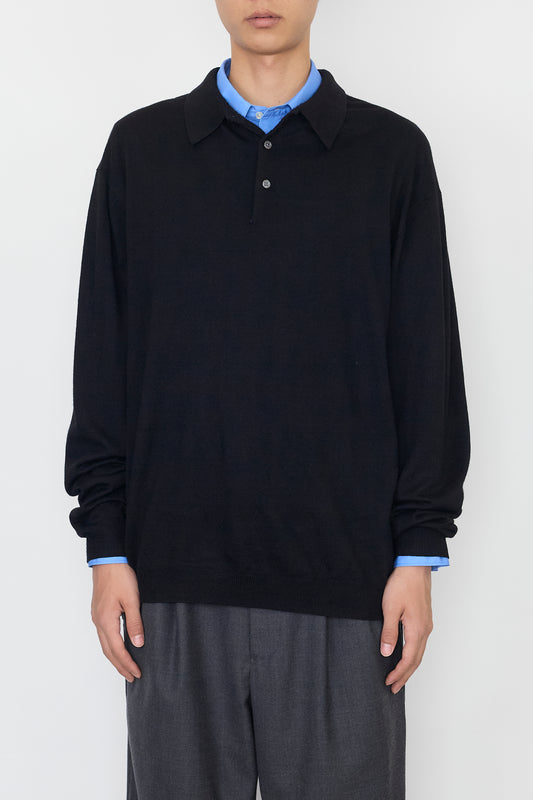 VINTAGE BLACK WOOL KNIT POLO SHIRT