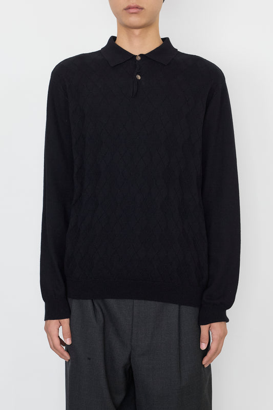 VINTAGE DESIGNED BLACK ANGORA KNIT POLO SHIRT