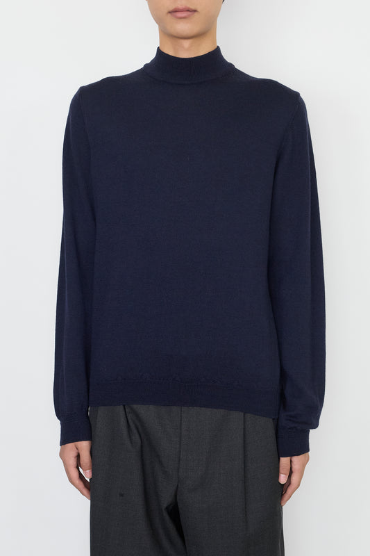 VINTAGE NAVY WOOL MOCK NECK KNIT MADE IN ITALY