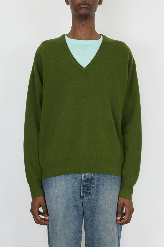 BURBERRY GREEN WOOL V NECK KNIT