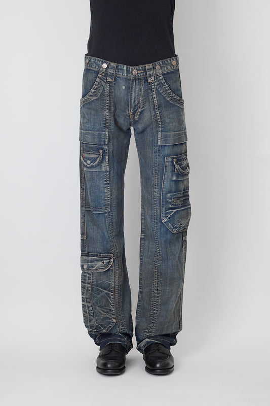 VINTAGE DESIGNED FADED BLUE DENIM CARGO PANTS