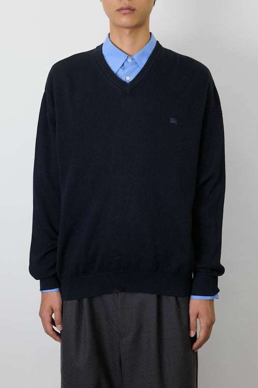 BURBERRY NAVY WOOL V NECK KNIT MADE IN SPAIN